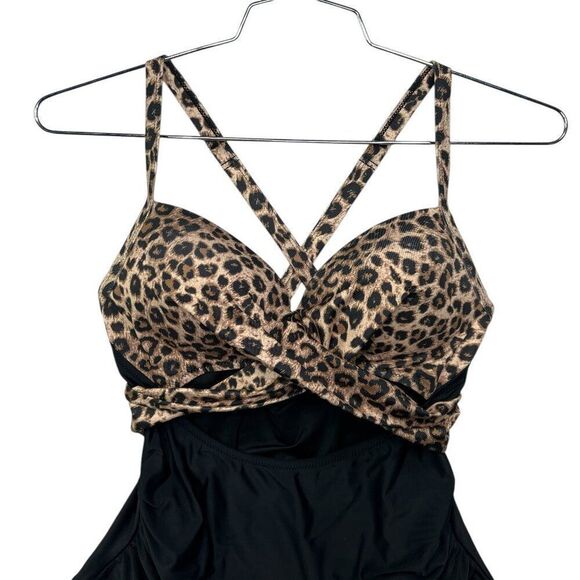 Women's Size Medium Black & Leopard Print One Piece Swimsuit - Picture 2 of 8